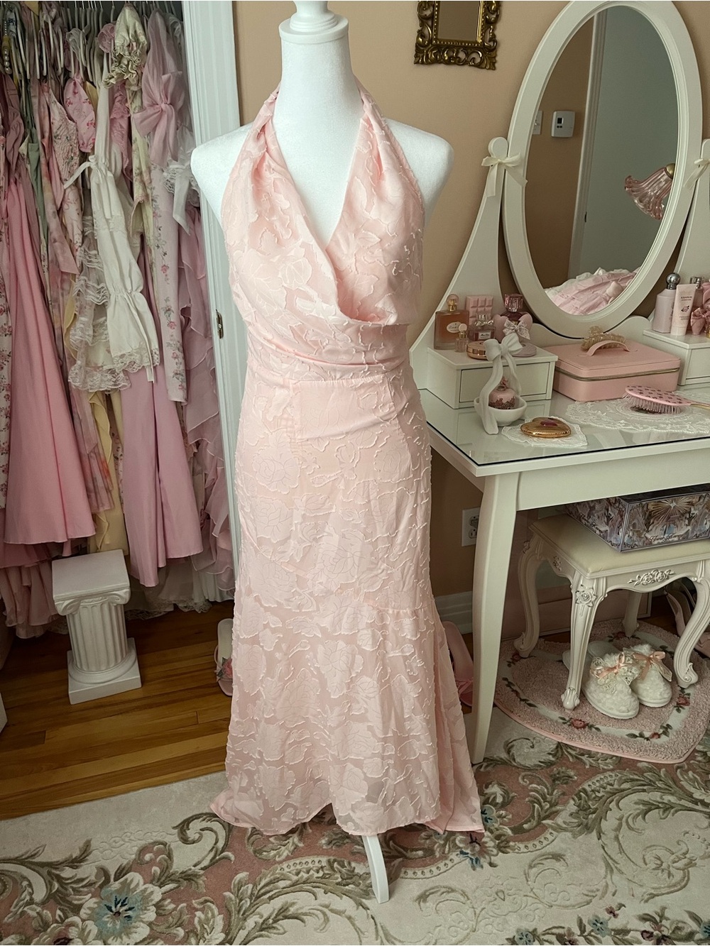 Blush Pink Halter Lace Maxi Dress